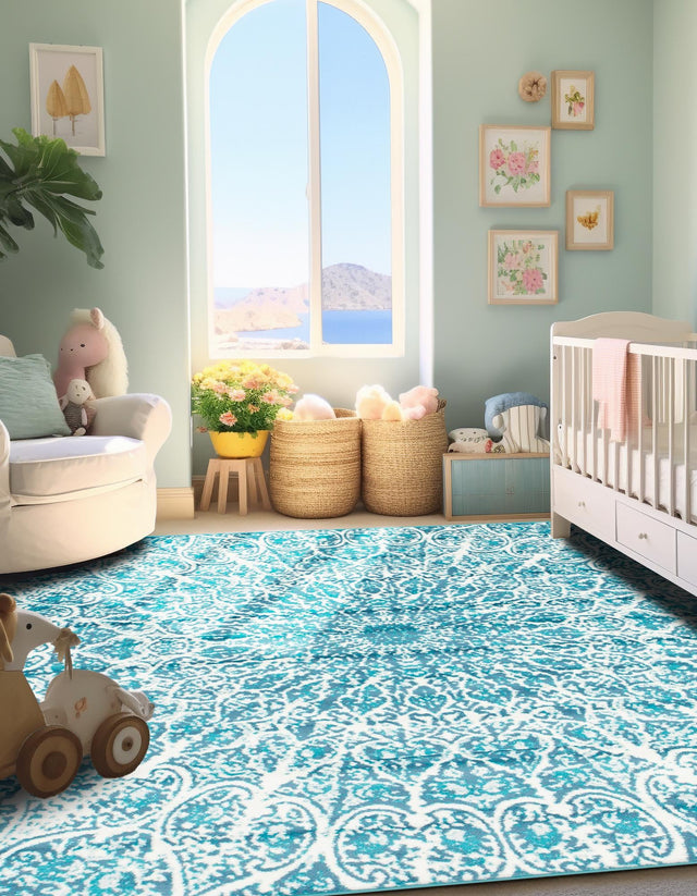 Turquoise 7' 10 x 7' 10 Sofia Square Area Rug Durable Easy Clean Stain Resistant Unique Carpet for Affordable Interior Home Design for Sale at Rug Engine