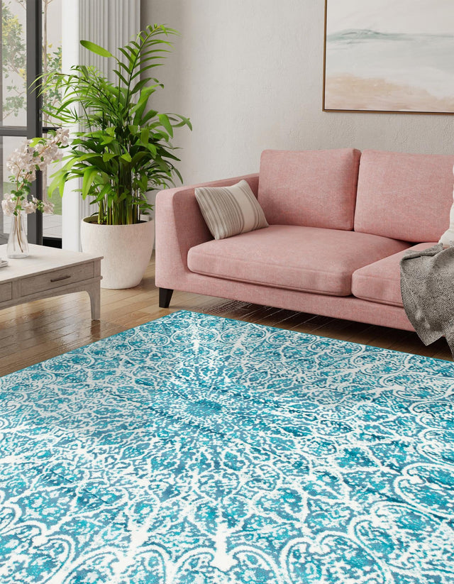 Turquoise 7' 10 x 7' 10 Sofia Square Area Rug Durable Easy Clean Stain Resistant Unique Carpet for Affordable Interior Home Design for Sale at Rug Engine