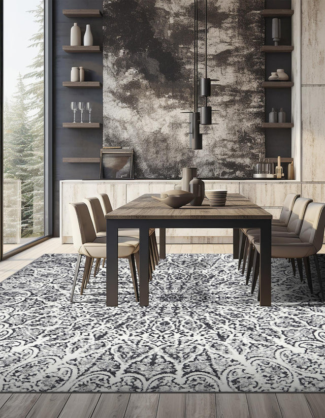Dark Gray 7' 10 x 7' 10 Sofia Square Area Rug Durable Easy Clean Stain Resistant Unique Carpet for Affordable Interior Home Design for Sale at Rug Engine