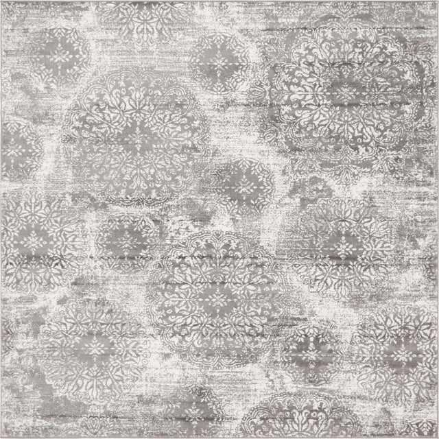 Gray 7' 10 x 7' 10 Sofia Square Area Rug Durable Easy Clean Stain Resistant Unique Carpet for Affordable Interior Home Design for Sale at Rug Engine
