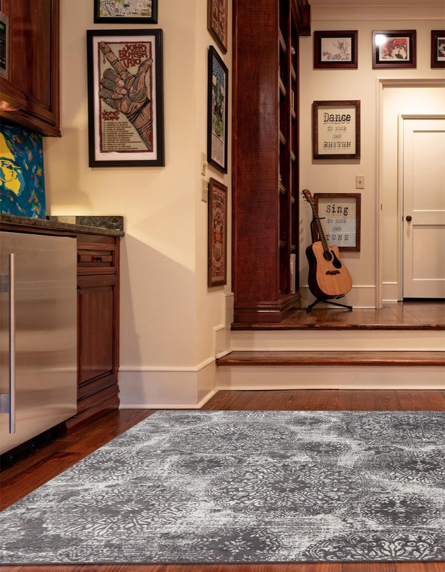 Gray 7' 10 x 7' 10 Sofia Square Area Rug Durable Easy Clean Stain Resistant Unique Carpet for Affordable Interior Home Design for Sale at Rug Engine