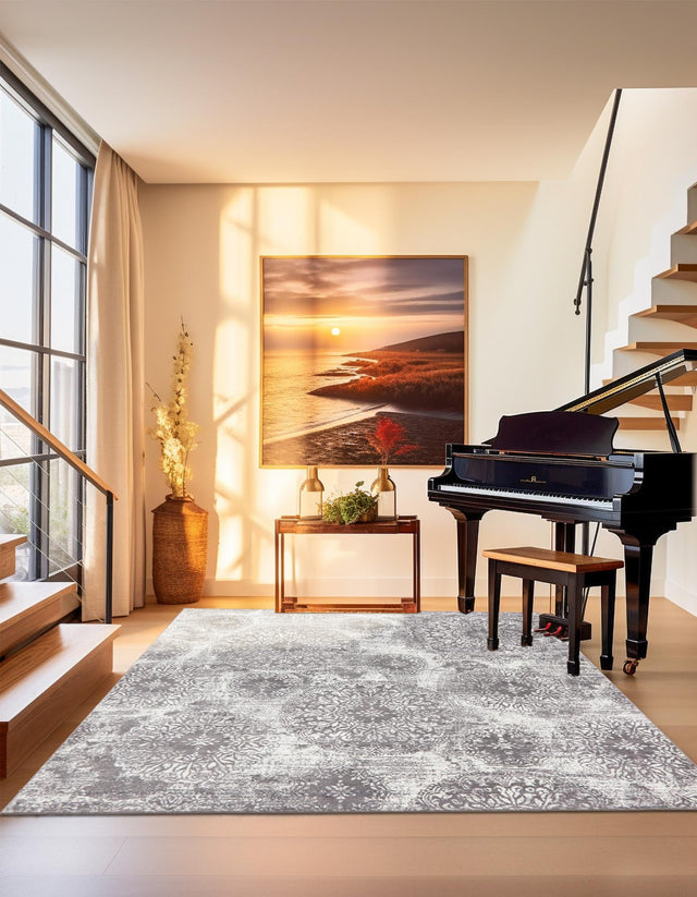 Light Gray 7' 10 x 7' 10 Sofia Square Area Rug Durable Easy Clean Stain Resistant Unique Carpet for Affordable Interior Home Design for Sale at Rug Engine