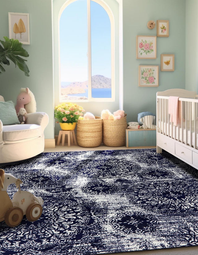 Navy Blue 6' 1 x 6' 1 Sofia Square Area Rug Durable Easy Clean Stain Resistant Unique Carpet for Affordable Interior Home Design for Sale at Rug Engine