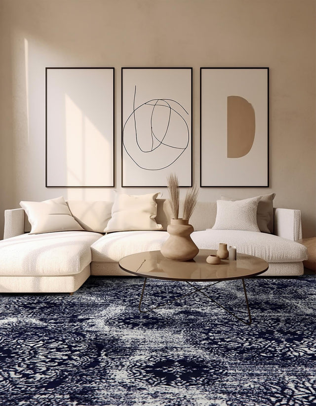 Navy Blue 7' 10 x 7' 10 Sofia Square Area Rug Durable Easy Clean Stain Resistant Unique Carpet for Affordable Interior Home Design for Sale at Rug Engine