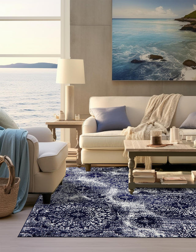 Navy Blue 7' 10 x 7' 10 Sofia Square Area Rug Durable Easy Clean Stain Resistant Unique Carpet for Affordable Interior Home Design for Sale at Rug Engine