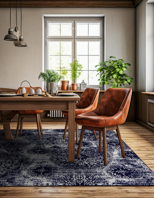 Navy Blue 7' 10 x 7' 10 Sofia Square Area Rug Durable Easy Clean Stain Resistant Unique Carpet for Affordable Interior Home Design for Sale at Rug Engine