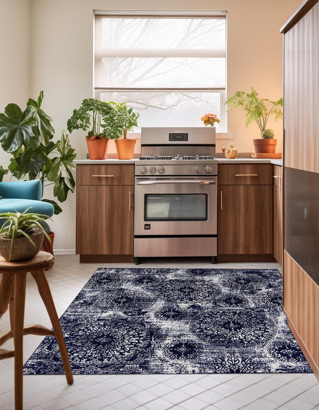 Navy Blue 6' 1 x 6' 1 Sofia Square Area Rug Durable Easy Clean Stain Resistant Unique Carpet for Affordable Interior Home Design for Sale at Rug Engine