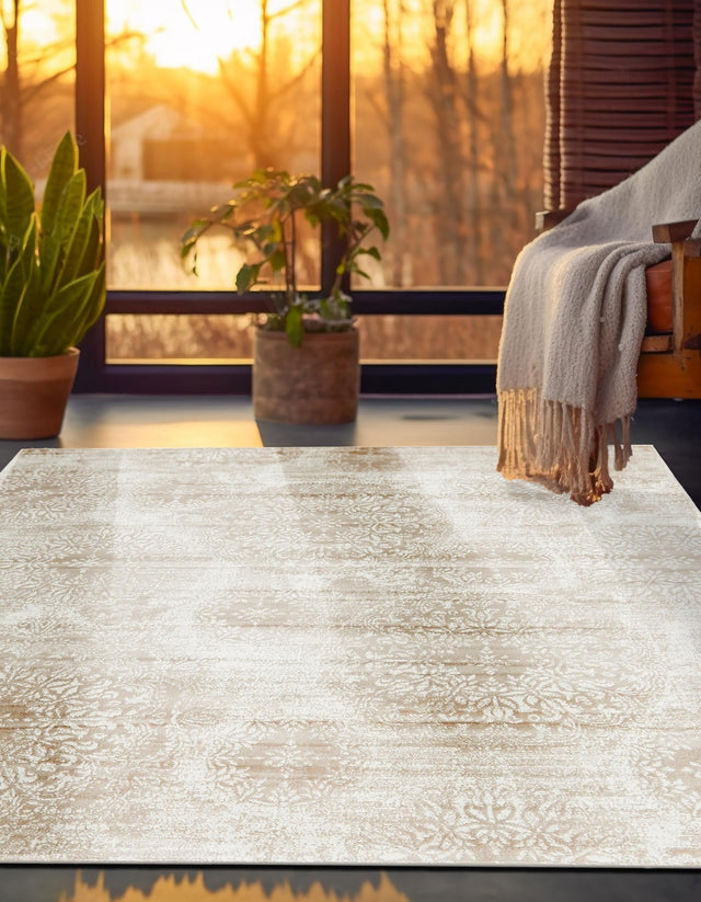 Beige 7' 10 x 7' 10 Sofia Square Area Rug Durable Easy Clean Stain Resistant Unique Carpet for Affordable Interior Home Design for Sale at Rug Engine