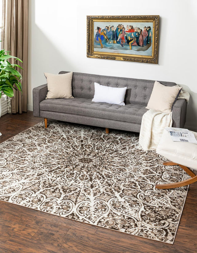Brown 7' 10 x 7' 10 Sofia Square Area Rug Durable Easy Clean Stain Resistant Unique Carpet for Affordable Interior Home Design for Sale at Rug Engine