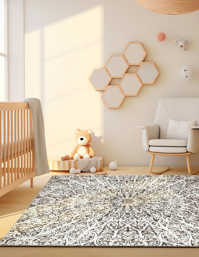 Brown 7' 10 x 7' 10 Sofia Square Area Rug Durable Easy Clean Stain Resistant Unique Carpet for Affordable Interior Home Design for Sale at Rug Engine