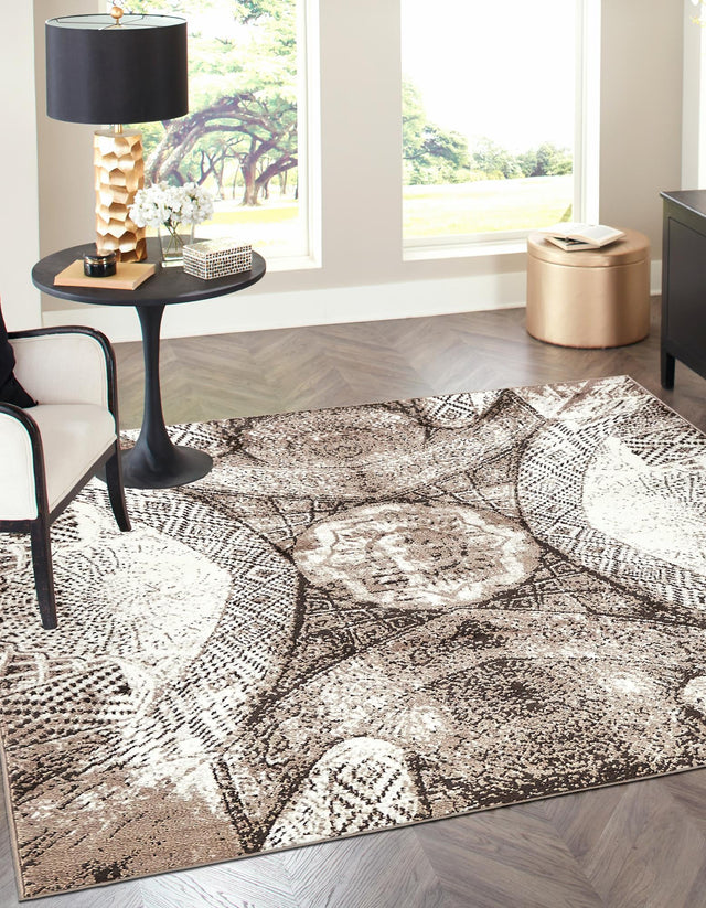 Brown 7' 10 x 7' 10 Sofia Square Area Rug Durable Easy Clean Stain Resistant Unique Carpet for Affordable Interior Home Design for Sale at Rug Engine
