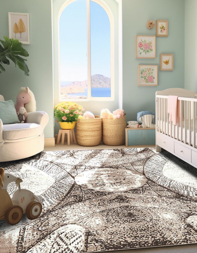 Brown 7' 10 x 7' 10 Sofia Square Area Rug Durable Easy Clean Stain Resistant Unique Carpet for Affordable Interior Home Design for Sale at Rug Engine