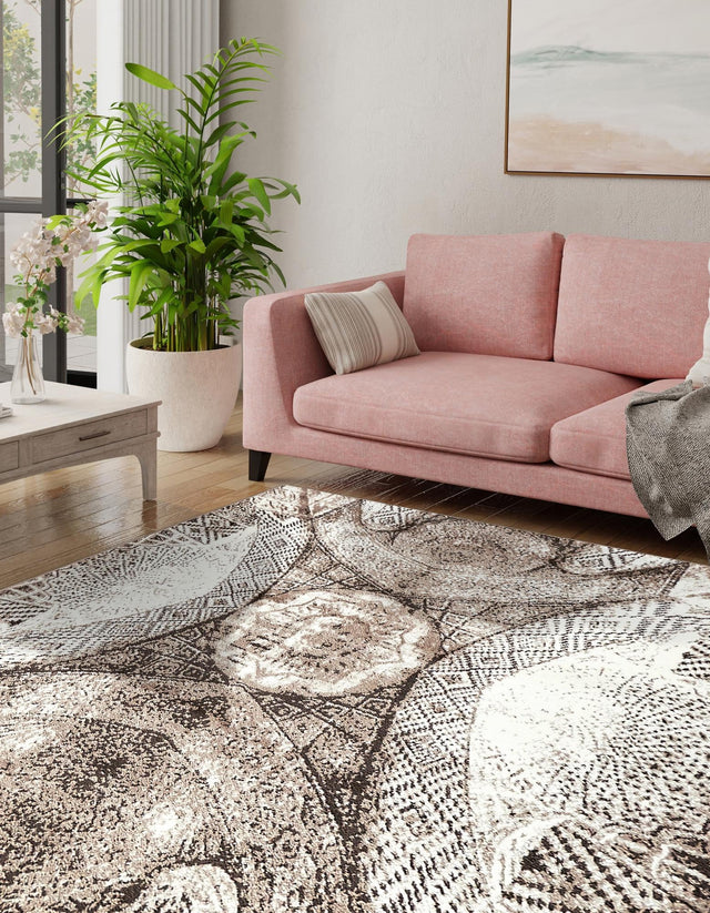Brown 7' 10 x 7' 10 Sofia Square Area Rug Durable Easy Clean Stain Resistant Unique Carpet for Affordable Interior Home Design for Sale at Rug Engine