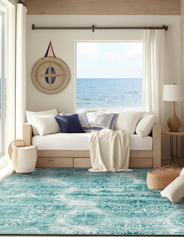 Turquoise 7' 10 x 7' 10 Sofia Square Area Rug Durable Easy Clean Stain Resistant Unique Carpet for Affordable Interior Home Design for Sale at Rug Engine