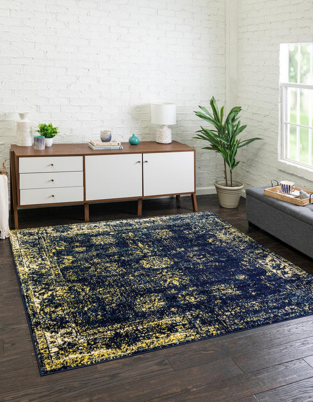 Navy Blue 7' 10 x 7' 10 Sofia Square Area Rug Durable Easy Clean Stain Resistant Unique Carpet for Affordable Interior Home Design for Sale at Rug Engine