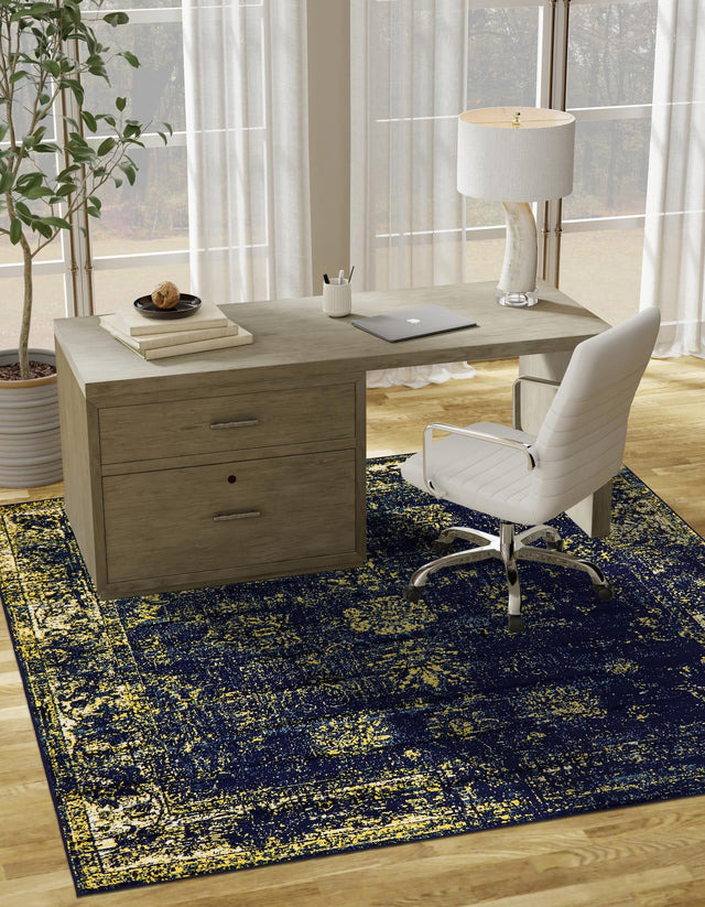 Navy Blue 7' 10 x 7' 10 Sofia Square Area Rug Durable Easy Clean Stain Resistant Unique Carpet for Affordable Interior Home Design for Sale at Rug Engine