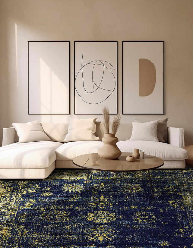 Navy Blue 7' 10 x 7' 10 Sofia Square Area Rug Durable Easy Clean Stain Resistant Unique Carpet for Affordable Interior Home Design for Sale at Rug Engine