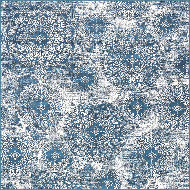 Blue 7' 10 x 7' 10 Sofia Square Area Rug Durable Easy Clean Stain Resistant Unique Carpet for Affordable Interior Home Design for Sale at Rug Engine
