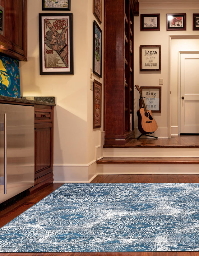 Blue 7' 10 x 7' 10 Sofia Square Area Rug Durable Easy Clean Stain Resistant Unique Carpet for Affordable Interior Home Design for Sale at Rug Engine