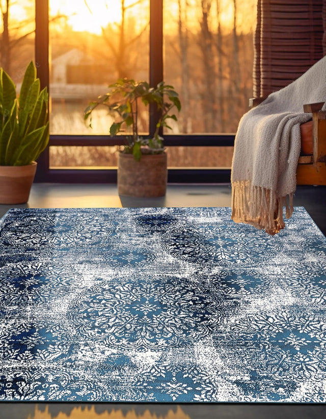 Blue 7' 10 x 7' 10 Sofia Square Area Rug Durable Easy Clean Stain Resistant Unique Carpet for Affordable Interior Home Design for Sale at Rug Engine