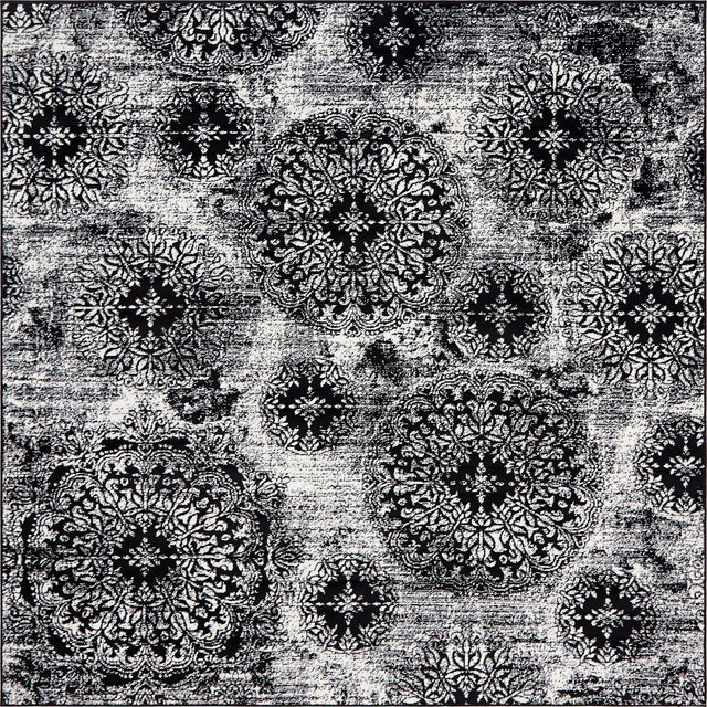 Black 7' 10 x 7' 10 Sofia Square Area Rug Durable Easy Clean Stain Resistant Unique Carpet for Affordable Interior Home Design for Sale at Rug Engine
