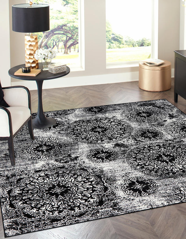 Black 6' 1 x 6' 1 Sofia Square Area Rug Durable Easy Clean Stain Resistant Unique Carpet for Affordable Interior Home Design for Sale at Rug Engine