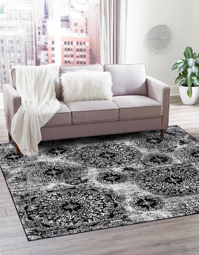 Black 6' 1 x 6' 1 Sofia Square Area Rug Durable Easy Clean Stain Resistant Unique Carpet for Affordable Interior Home Design for Sale at Rug Engine