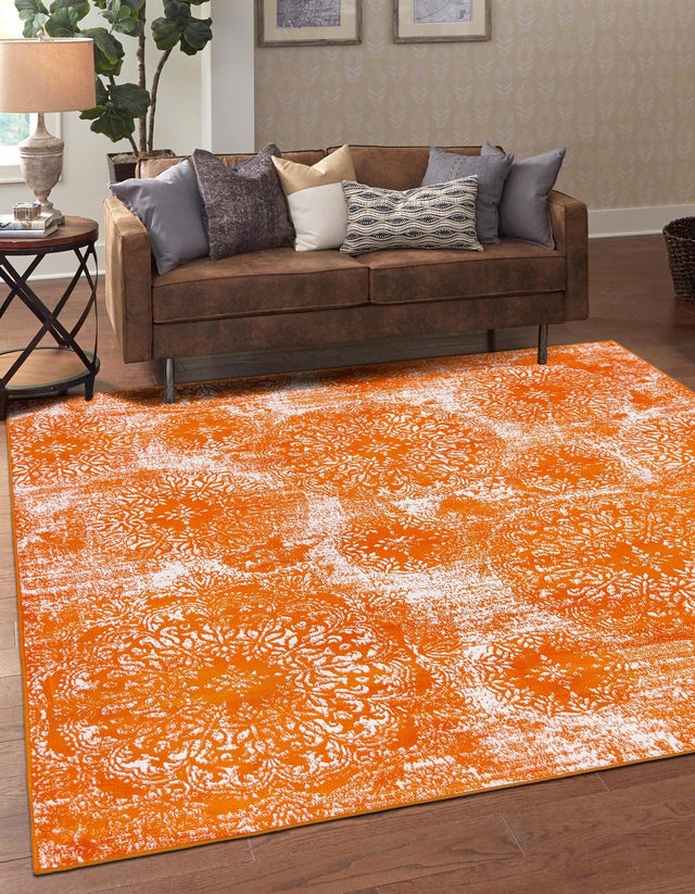Orange 7' 10 x 7' 10 Sofia Square Area Rug Durable Easy Clean Stain Resistant Unique Carpet for Affordable Interior Home Design for Sale at Rug Engine