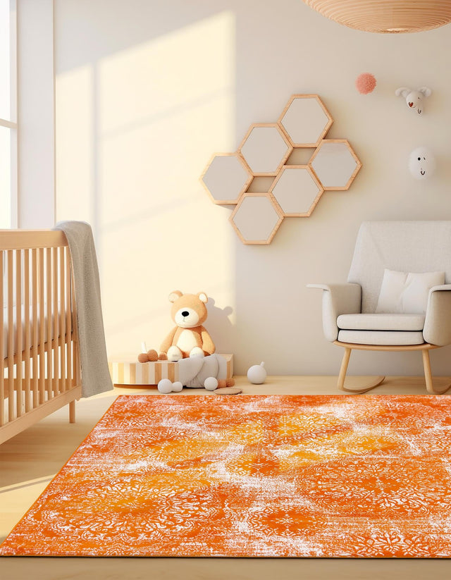 Orange 6' 1 x 6' 1 Sofia Square Area Rug Durable Easy Clean Stain Resistant Unique Carpet for Affordable Interior Home Design for Sale at Rug Engine
