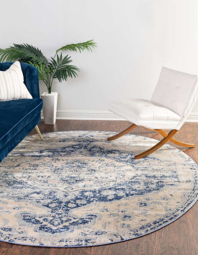 Blue 8' x 8' Asheville Round Area Rug 100% Polypropylene With Cotton Backing Easy Clean Indoor Living Dining Bedroom Office Carpet for Sale at Rug Engine