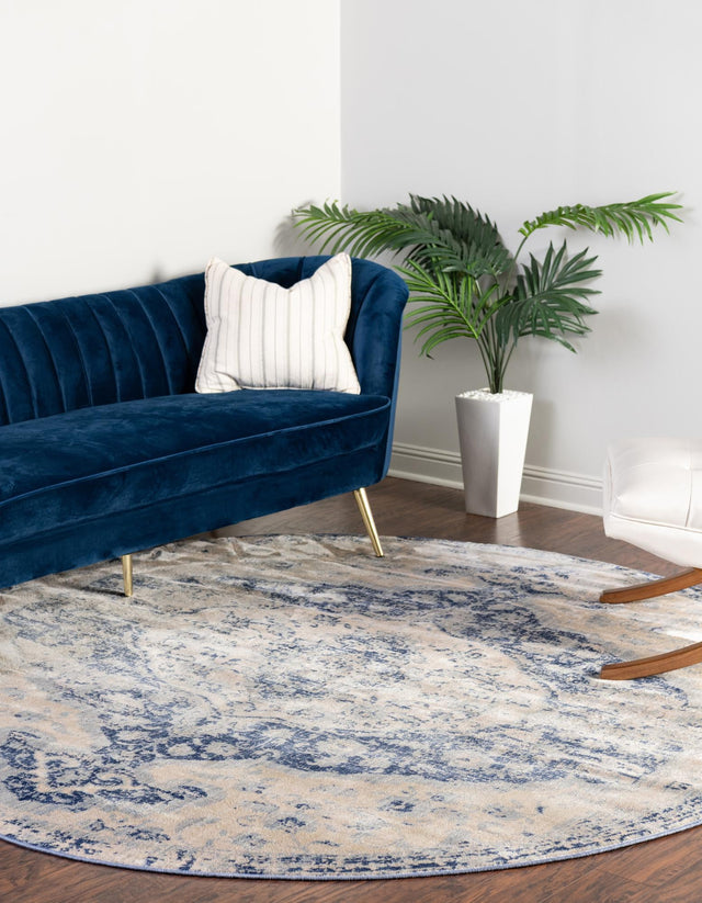 Blue 8' x 8' Asheville Round Area Rug 100% Polypropylene With Cotton Backing Easy Clean Indoor Living Dining Bedroom Office Carpet for Sale at Rug Engine