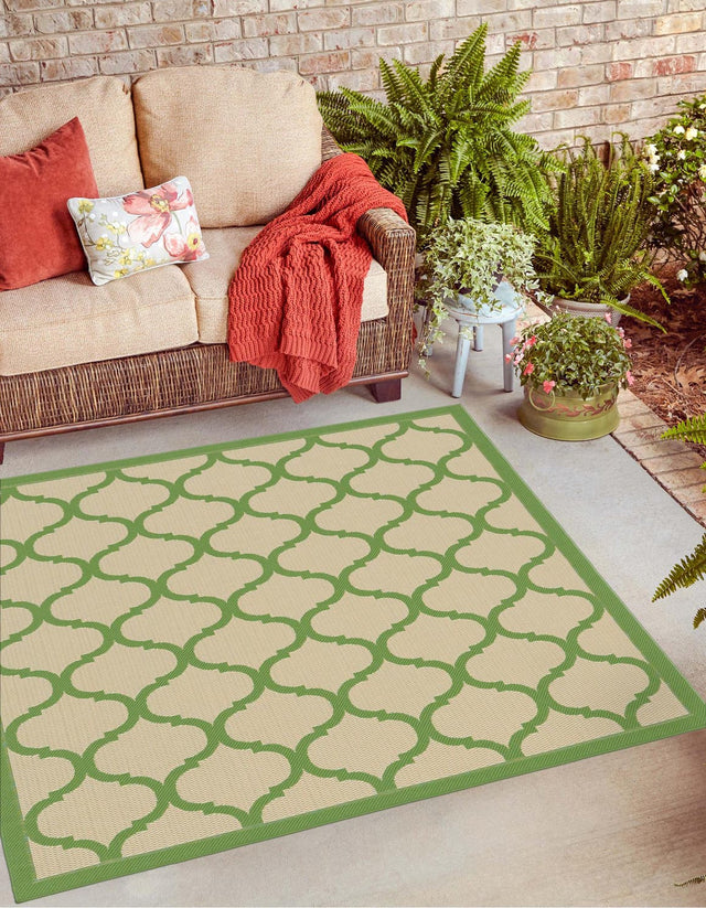 Beige and Green 6' 1 x 6' 1 Outdoor Trellis Square Area Rug Weather Resistant for Patio, Deck, Terrace, Balcony, Porch Geometric Design Water Safe Outside Carpet for Sale at Rug Engine