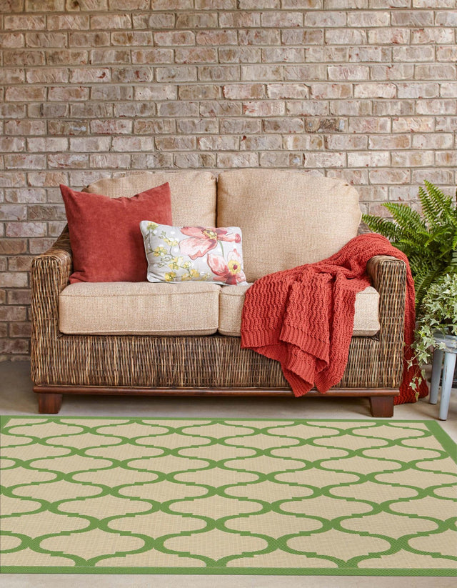 Beige and Green 6' 1 x 6' 1 Outdoor Trellis Square Area Rug Weather Resistant for Patio, Deck, Terrace, Balcony, Porch Geometric Design Water Safe Outside Carpet for Sale at Rug Engine