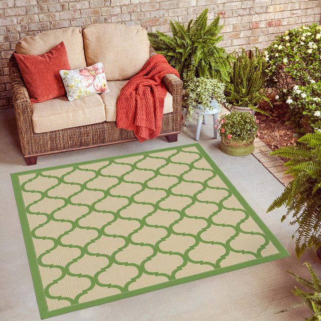 Beige and Green 6' 1 x 6' 1 Outdoor Trellis Square Area Rug Weather Resistant for Patio, Deck, Terrace, Balcony, Porch Geometric Design Water Safe Outside Carpet for Sale at Rug Engine