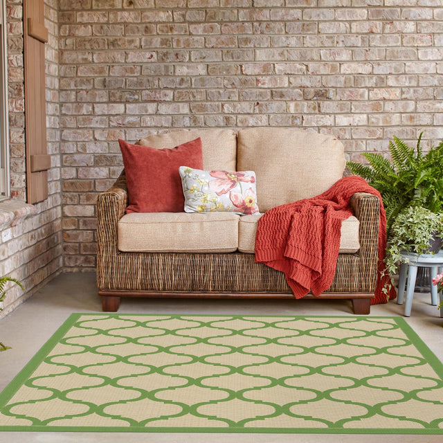Beige and Green 6' 1 x 6' 1 Outdoor Trellis Square Area Rug Weather Resistant for Patio, Deck, Terrace, Balcony, Porch Geometric Design Water Safe Outside Carpet for Sale at Rug Engine