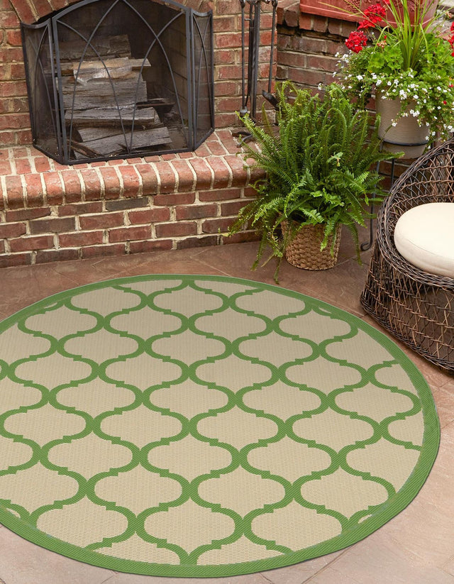 Beige and Green 6' 1 x 6' 1 Outdoor Trellis Round Area Rug Weather Resistant for Patio, Deck, Terrace, Balcony, Porch Geometric Design Water Safe Outside Carpet for Sale at Rug Engine