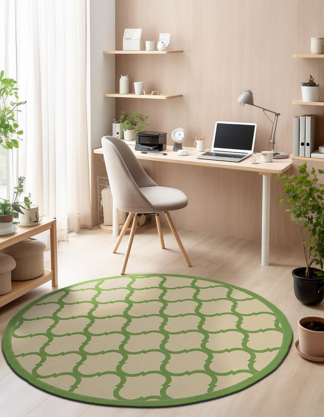 Beige and Green 6' 1 x 6' 1 Outdoor Trellis Round Area Rug Weather Resistant for Patio, Deck, Terrace, Balcony, Porch Geometric Design Water Safe Outside Carpet for Sale at Rug Engine