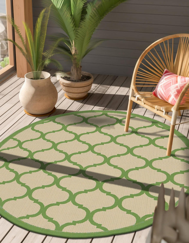 Beige and Green 6' 1 x 6' 1 Outdoor Trellis Round Area Rug Weather Resistant for Patio, Deck, Terrace, Balcony, Porch Geometric Design Water Safe Outside Carpet for Sale at Rug Engine