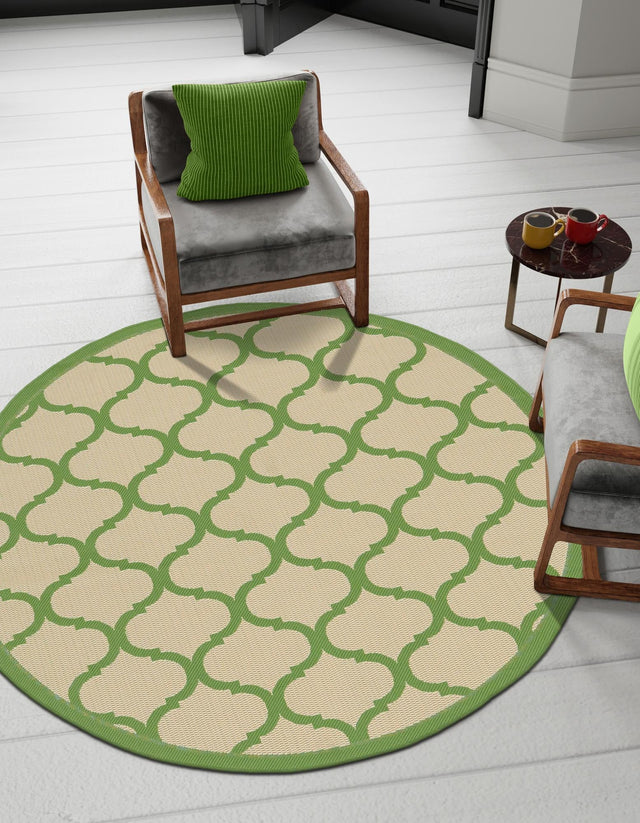 Beige and Green 6' 1 x 6' 1 Outdoor Trellis Round Area Rug Weather Resistant for Patio, Deck, Terrace, Balcony, Porch Geometric Design Water Safe Outside Carpet for Sale at Rug Engine