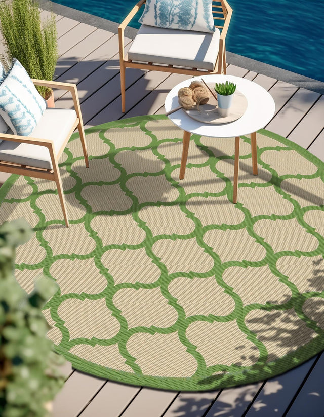 Beige and Green 6' 1 x 6' 1 Outdoor Trellis Round Area Rug Weather Resistant for Patio, Deck, Terrace, Balcony, Porch Geometric Design Water Safe Outside Carpet for Sale at Rug Engine