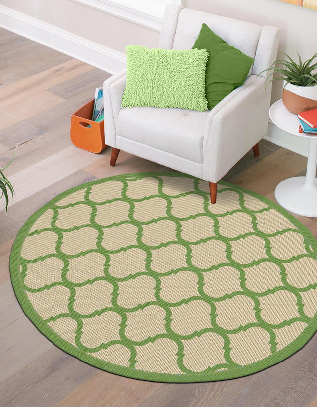 Beige and Green 6' 1 x 6' 1 Outdoor Trellis Round Area Rug Weather Resistant for Patio, Deck, Terrace, Balcony, Porch Geometric Design Water Safe Outside Carpet for Sale at Rug Engine