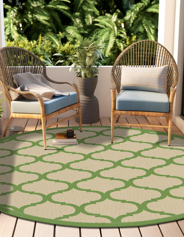 Beige and Green 6' 1 x 6' 1 Outdoor Trellis Round Area Rug Weather Resistant for Patio, Deck, Terrace, Balcony, Porch Geometric Design Water Safe Outside Carpet for Sale at Rug Engine
