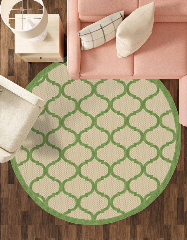 Beige and Green 6' 1 x 6' 1 Outdoor Trellis Round Area Rug Weather Resistant for Patio, Deck, Terrace, Balcony, Porch Geometric Design Water Safe Outside Carpet for Sale at Rug Engine
