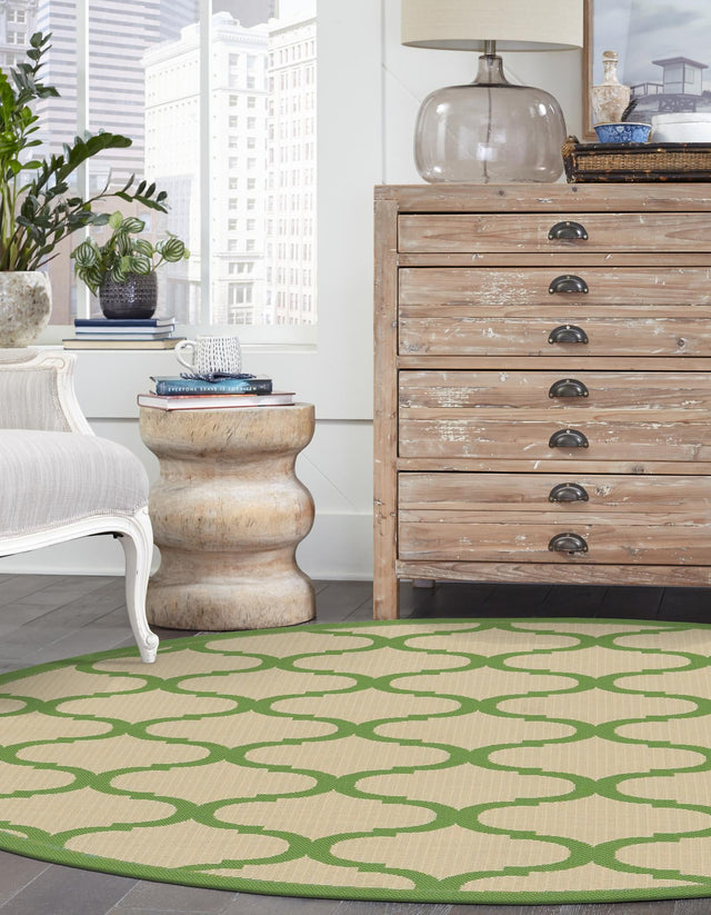 Beige and Green 6' 1 x 6' 1 Outdoor Trellis Round Area Rug Weather Resistant for Patio, Deck, Terrace, Balcony, Porch Geometric Design Water Safe Outside Carpet for Sale at Rug Engine