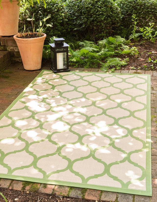 Beige and Green 7' 1 x 10' Outdoor Trellis Rectangle Area Rug Weather Resistant for Patio, Deck, Terrace, Balcony, Porch Geometric Design Water Safe Outside Carpet for Sale at Rug Engine