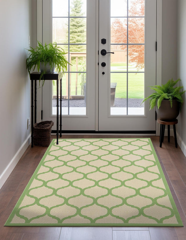 Beige and Green 7' 1 x 10' Outdoor Trellis Rectangle Area Rug Weather Resistant for Patio, Deck, Terrace, Balcony, Porch Geometric Design Water Safe Outside Carpet for Sale at Rug Engine