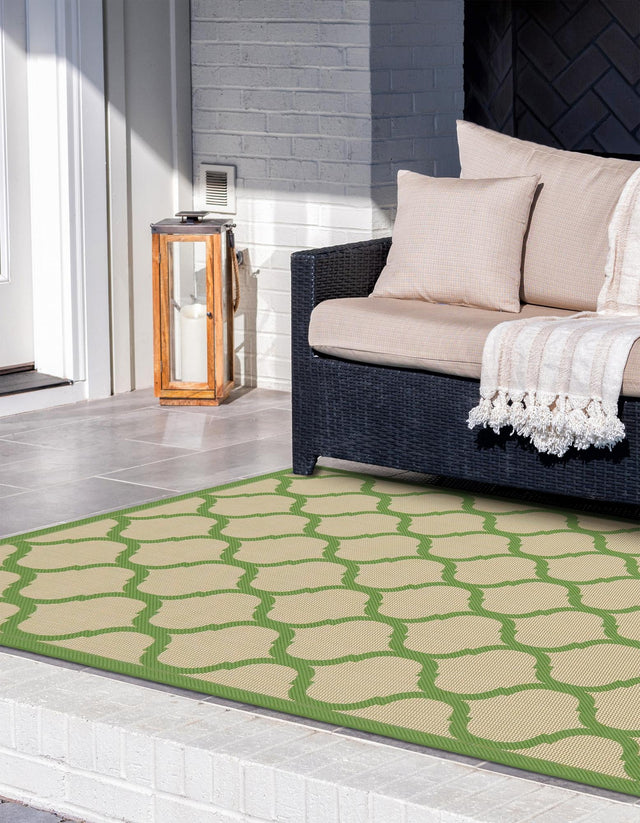 Beige and Green 7' 1 x 10' Outdoor Trellis Rectangle Area Rug Weather Resistant for Patio, Deck, Terrace, Balcony, Porch Geometric Design Water Safe Outside Carpet for Sale at Rug Engine