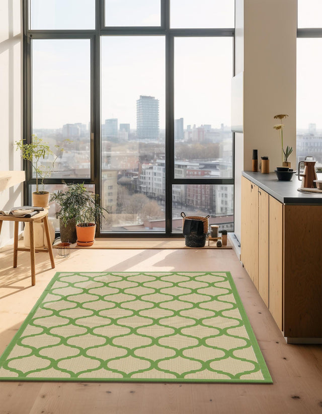 Beige and Green 7' 1 x 10' Outdoor Trellis Rectangle Area Rug Weather Resistant for Patio, Deck, Terrace, Balcony, Porch Geometric Design Water Safe Outside Carpet for Sale at Rug Engine