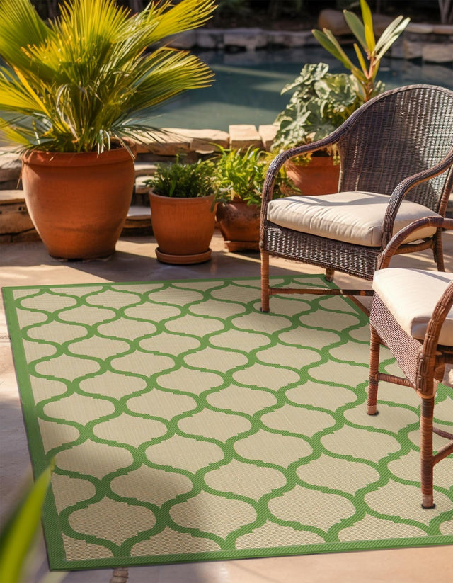 Beige and Green 7' 1 x 10' Outdoor Trellis Rectangle Area Rug Weather Resistant for Patio, Deck, Terrace, Balcony, Porch Geometric Design Water Safe Outside Carpet for Sale at Rug Engine