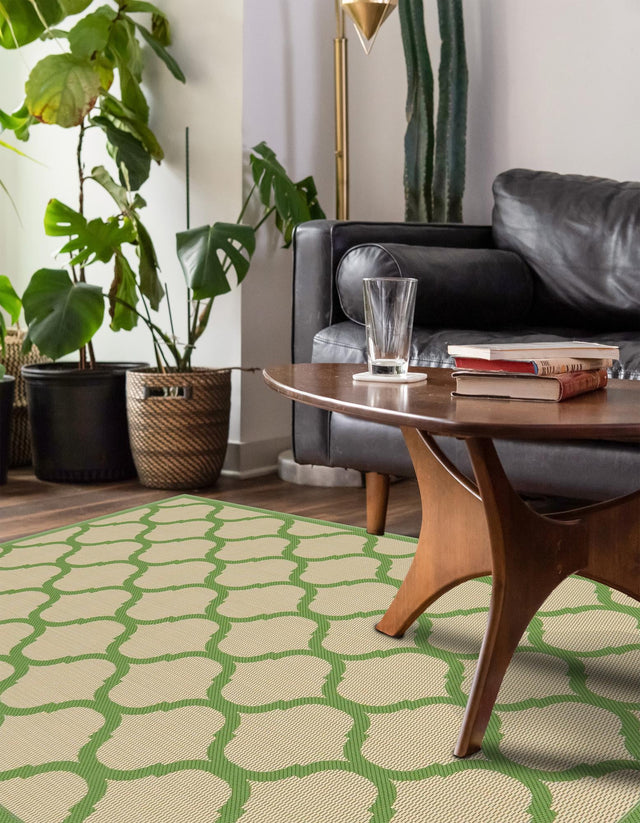 Beige and Green 7' 1 x 10' Outdoor Trellis Rectangle Area Rug Weather Resistant for Patio, Deck, Terrace, Balcony, Porch Geometric Design Water Safe Outside Carpet for Sale at Rug Engine